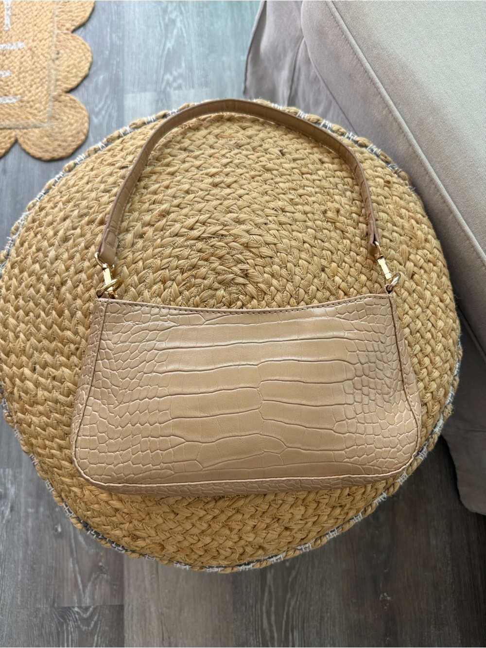Beige Croc-Embossed Shoulder Bag